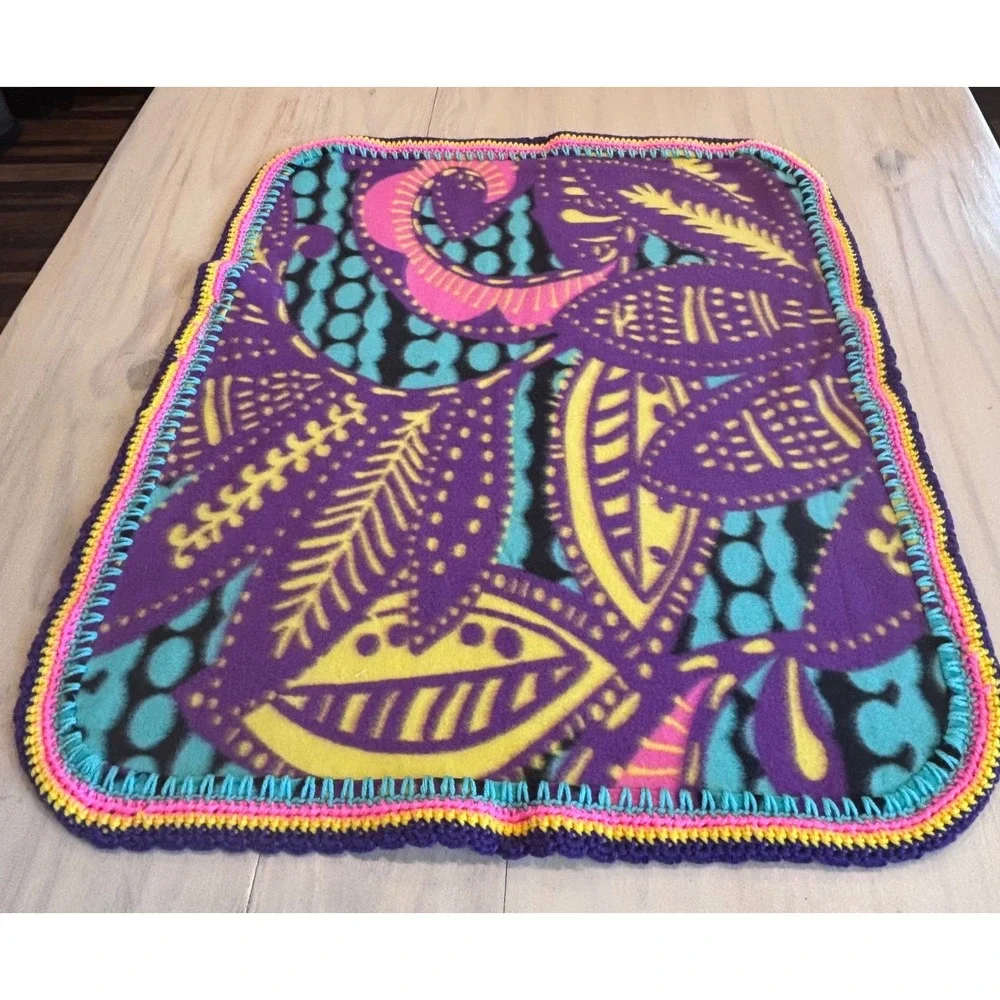 Vibrant Abstract Fleece Baby Blanket Purple Teal‎ Crochet Trim Boho Lap Throw